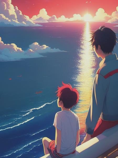 <lyco:MakotoShinkai:1.0> a animated poster of a man looking at the ocean by day and a man looking at the sky by night hong kong dubbed poster, in the style of childlike innocence and charm, makoto shinkai, red and gold, rainbowcore, child-like innocence, xiaofei yue, sky-blue and red