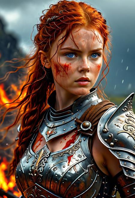 High resolution ultra-realistic of Beautiful burly Warrior girl, 8k, capturing the intensity of the moment, cinematic lighting, standing on a bloody and stormy Battleground in a fighting pose, wavy red hair, realistic bloody dirty pale face, realistic blue eyes, fire, intricately designed iron and silver medieval armor, brown mini skirt, LOTR Aesthetic, perfect athletic figure, beautiful Sadie Sink as Warrior girl, fire, ultra realistic, cinematic style, athletic figure, dark fantasy, dramatic lighting, wet and sweaty skin, dirty skin, athletic figure, dark medieval, dramatic lighting, Greg Rutkowski style,, Warrior girl on in iron armor, hyper-detailed, hyper-realistic, bright colours, Attractive 25 old years girl, Attractive, beautiful firm Breasts, sharp focus, digital painting, Photograph Taken on Nikon D750, Alphonse Mucha, 8K, athletic figure, Hyperdetailed, hyperrealism, Attractive, Attractive bust girl, asymmetric balance