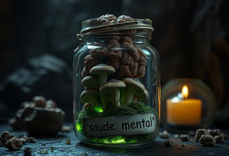 hyperdetailed ultra-detailed realistic,  
extremely detailed moldy brain with mushrooms in jar labeled saying ((("saude mental"))) with glowing mush  green, detailed dark environment, dark shot, rtx, at exotic background , High Definition HD, High Detail, Perfect Composition, dark fantasy movie, cowboy shot,
