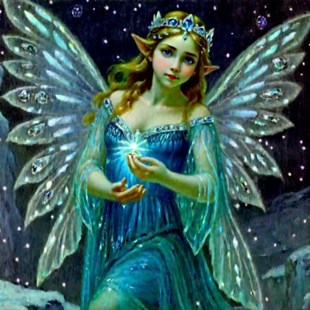 Arcpastel of a fairy girl with translucent glowing crystal wings and bright blue eyes with pupils wearing a sapphire dress and a clear ice tiara in a magical glacier holding a brilliant mystical jewel star encased in ice in her hands, night, fantasy art