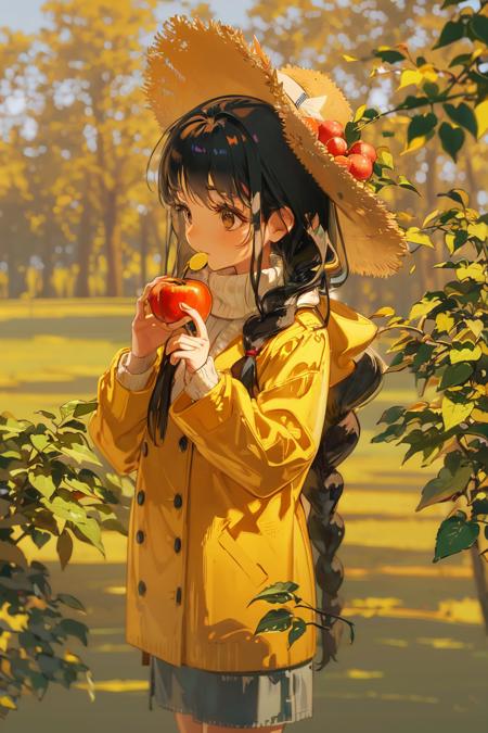 1girl, food, solo, fruit, holding food, holding, long hair, brown hair, holding fruit, outdoors, long sleeves, yellow headwear, branch, tree, hat, blurry, apple, closed mouth, brown eyes, day, bangs, looking up, hands up, jacket, leaf, standing, cowboy shot, plant, depth of field, blurry background, coat, braid, basket, green headwear, yellow jacket, looking away, sweater, dappled sunlight,<lora:loahrenrustyle_noise:0.9>