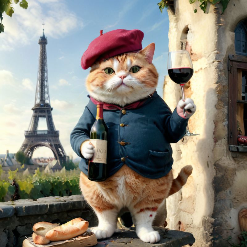 A cartoon wine-drinking cat in a blue suit holding a bottle of wine and a glass of wine.