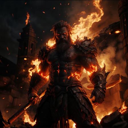 highly detailed cinematic photo of a fire giant, 1boy, chainmail, male focus, magic, 
flaming eye, full armor, glowing eyes, molten rock, muscular,  orange hair, red hair, open mouth, holding weapon, 

(full body:1.2),

realistic, depth of field, blurry background,

mountain on fire,

photorealistic,
analogue photography,
low key lighting,
