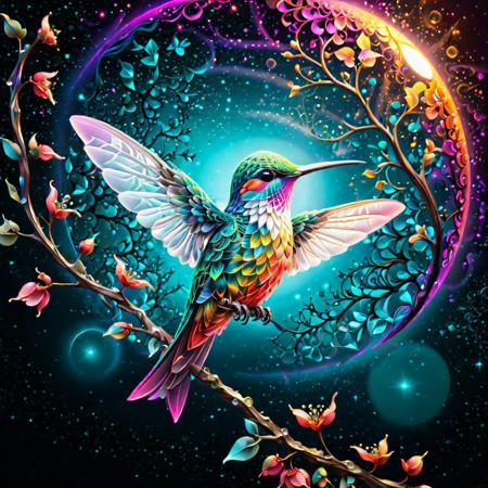 "Fractal Filigree: colourful humming bird standing on a branch, made of crystal on bioluminescent glow starry skies night, Large moon. soft lighting, sharp focus, paint drops, smooth edges, trending on artstation, studio photo, intricate details, highly detailed", "abstract vector fractal, wave function, Zentangle, 3d shading"