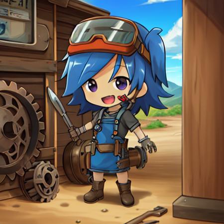 outdoors, tools, blueprint, steampunk, (machine, gears:1.4) BREAK solo, asteria, cute, purple eyes, smiling, open mouth, chibi, holding wrench <lora:pk_asteria-000010:0.8>