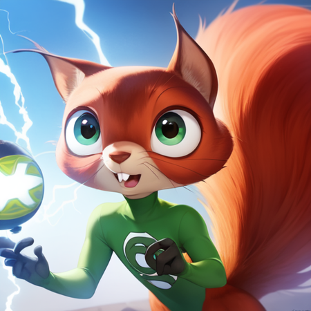 Chip_Squirrel Superpets red fur green eyes buckteeth crooked whiskers Green Lantern Uniform electricity superpowers