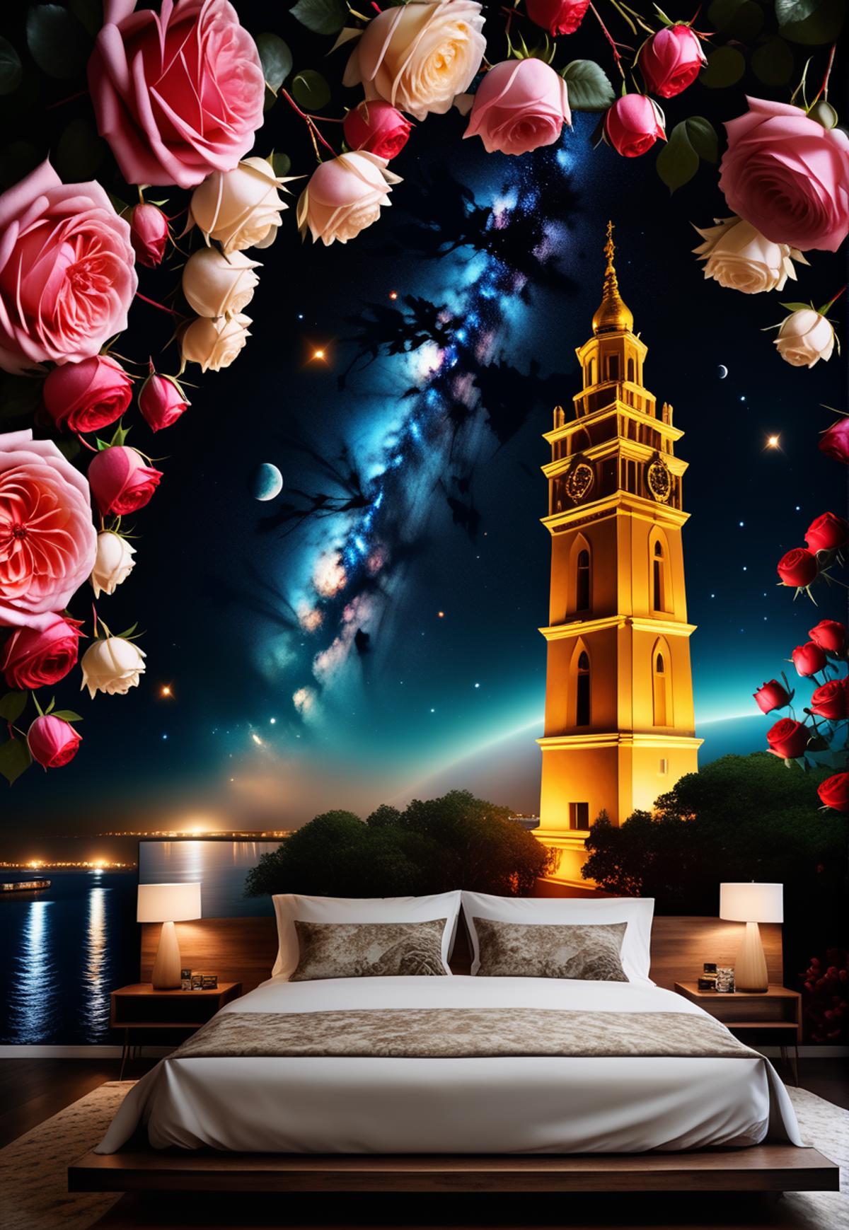 A bedroom scene featuring a bed with white pillows in front of a large clock tower at night.