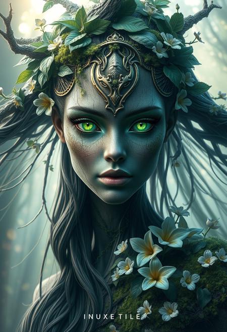 A majestic nature spirit with the face of a beautiful woman, her skin made of bark and moss, glowing green eyes, long flowing hair made of leaves and vines, flowers blooming from her shoulders, ethereal forest background with soft sunlight beams, mystical and serene expression, high detail, fantasy art, 8k, studio lighting"