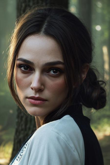 Photography of a classy woman's face,
dslr photo,
32k,
very sharp,
realistic,
highly-detailed-skin,
her hair is brown and short like she has the eerie glow that makes it feel like Keira Knightley when she was 18 years old. The eyes are wide open with fear as they clings to otherworldly beauty in a mystical forest setting against the soft light on their lips by jeremy mann,
hair in a tight bun,
8K resolution, 
high detail, ultra-high