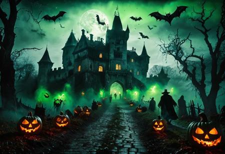 an SLR photograph, a very detailed image, horror-movie still shot, bats flying in the sky, a spooky medieval Castle, Dracula's castle, a werewolf style standing on the pathway, green glowing eyes, Misty, fog, Cobwebs, Skulls, rats, Halloween pumpkins, ghostly spirits, Witch's Cauldron Glow, Fantasy Horror, shengdanjie