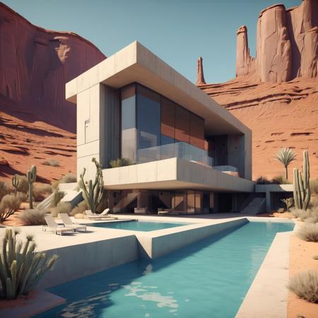 futuristic concrete modern house in a desert, swimming pool, exotic luxuriant vegetation around, monument valley, photorealist, masterpiece, 4k, high details