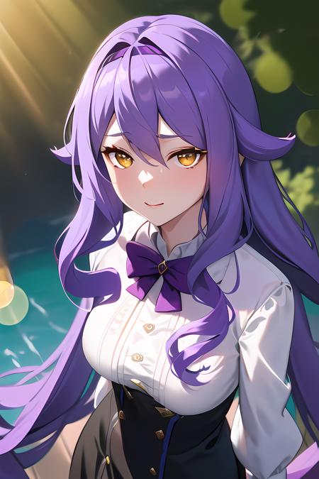 ((masterpiece, best quality)),1girl,standing,outdoors, sirin,long_hair, long_sleeves, looking_at_viewer, pencil_skirt, purple_bow, purple_hair, skirt, solo, thigh_strap,black_skirt, very_long_hair,cowboy_shot, white_shirt, yellow_eyes,,,,,,, ,extremely detailed CG unity 8k wallpaper, perfect lighting,Colorful, Bright_Front_face_Lighting,White skin, (masterpiece:1.0),(best_quality:1.0), ultra high res,4K,ultra-detailed, photography, 8K, HDR, highres, absurdres:1.2, Kodak portra 400, film grain, blurry background, bokeh:1.2, lens flare, vibrant_color,professional photograph,(Beautiful medium_Breasts), (beautiful_face:1),(narrow_waist),Beautiful Finger,Beautiful long legs,Beautiful body,Beautiful Nose,Beautiful character design, perfect face,perfect balance,