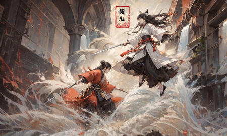 (dramatic, gritty, intense:1.4),masterpiece, best quality, 8k, insane details, intricate details, hyperdetailed, hyper quality, high detail, ultra detailed, Masterpiece,
2girlsholding weaponholding swordduelbattlemidairsingle hair bunblack hairlong hairhair bunlooking at another
outdoorswaterfallwater in the flowingwavessplashingHanfu(Real waterRealistic waterflowing water:1.5)ripples
A shot with tension(sky glows red,Visual impact,giving the poster a dynamic and visually striking appearance:1.2),Chinese Zen style,impactful picture,
<lora:~Q?-p^k{eWaterfall:0.7>