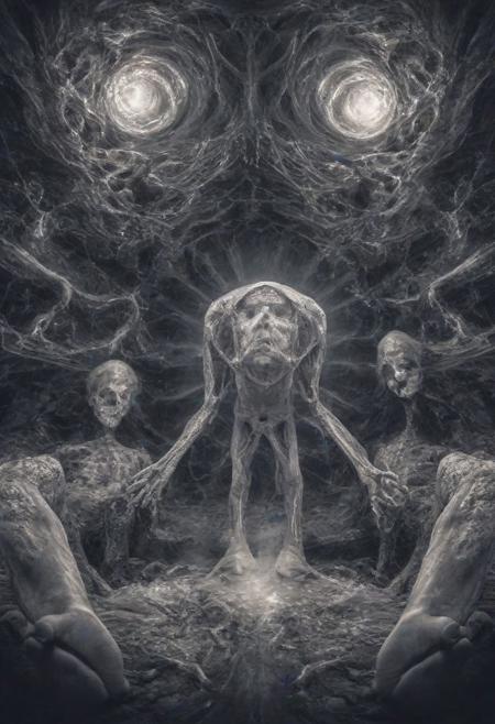 (fisheye-distortion) photograph, ((fractal body horror, many human bodies repeated and endlessly dividing into self-similar arms and legs and eyes and faces, infinite body parts repeated into the distance, faces and hands recursively, horrifying and disorienting, extremely detailed)), (masterpiece from an evil dimension), noise offset, best quality photograph, (surrealist horror photograph), [themes of melancholy, terror, and regret] , (multiple-exposure photographs layered for ghastly ethereals effects), UHD, (very slow shutter speed to capture motion blur), experimental lighting, experimental angles, strong fisheye-lens/ intense fisheye-view photograph, realisticvision-negative-embedding, epiCRealism