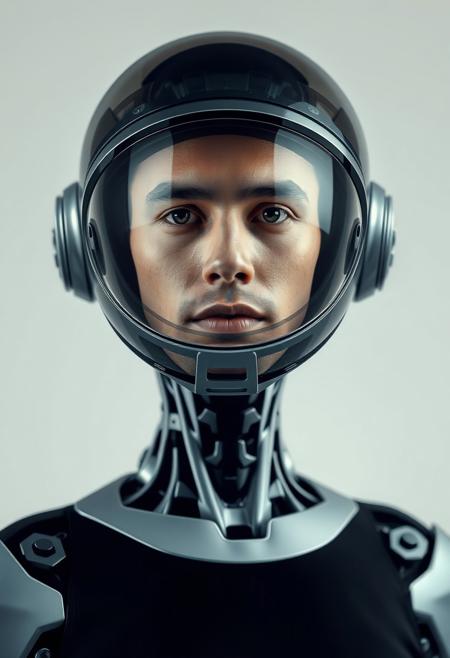 photo portrait of a man stands in front of camera, body slightly turned, looks into camera, high detailed, neutral background, with tiny details of a robot (android) but more as a human, with fully glass futuristic helmet, helmet if a form of a head but smoothed, realistic photo