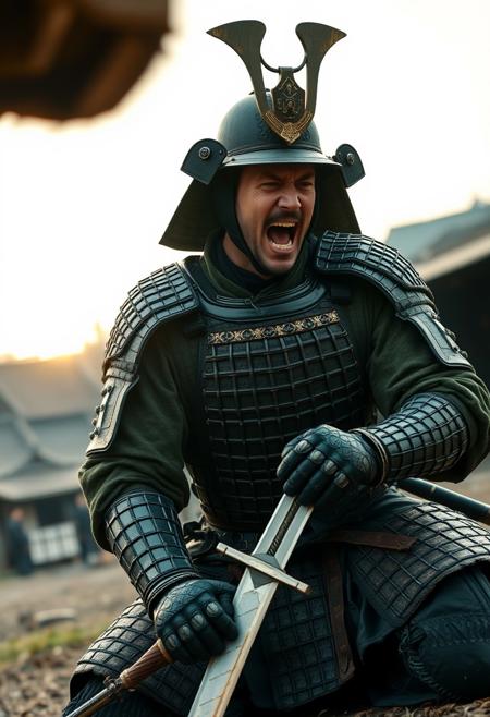 A kungfu cinematic movie still taken with an HD movie camera focused on a Japanese 40 year old samurai wearing traditional medieval samurai armor and helmet.  The samurai is on his knees wounded and is commiting hari-kari.  The samurai is screaming holding his sword with the tip of the blade against his chest. In the background is a medieval Japanese town.  The camera is at an interesting angle.  The sun is low near dusk.