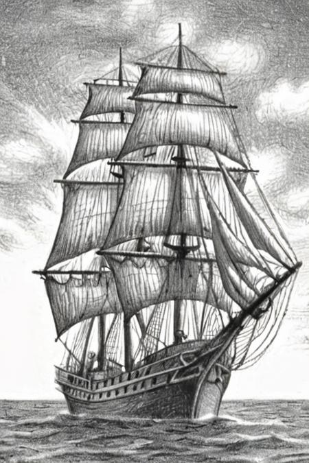 a drawing of a tall ship by Brian Selznick  <lora:Brian_Selznick_Style_XL:1>