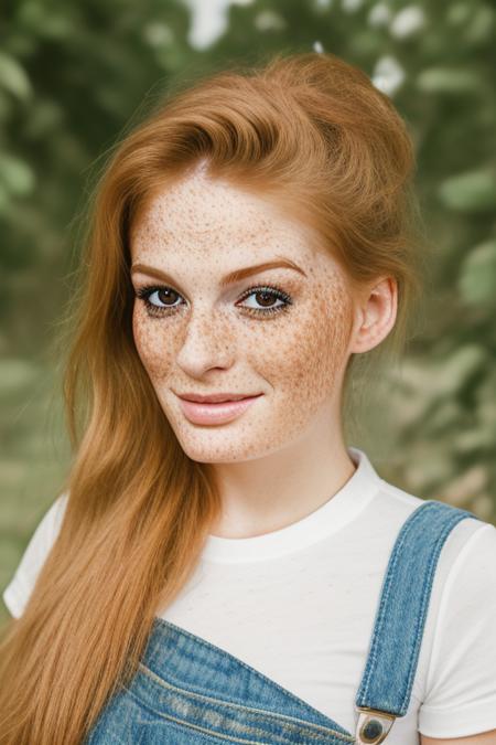 photography of an closeup portrait woman, realistic <lora:FayeReagan3:1>  wearing overalls white shirt on farm, vibrant colors [freckles]