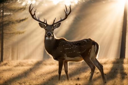 portrait of deer on the plain at the edge of the forest, Dawn, fog, golden hour, the sun shines among the woods, (backlit:1.3), (cinematic:1.2), textures, photo, detailed, hdr, 4k, realistic. color grading, sharp focus, ultra high quality
