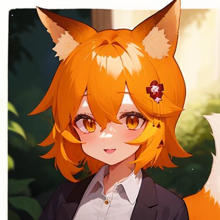 (dark forest:1.3), night, <lora:senkoLora_v4:1> 1girl, sen, animal ears, fox ears, fox girl, fox tail, hair flower, hair ornament, orange eyes, orange hair, short hair, tail, smile, looks the viewer, upper body, (police uniform:1.3)