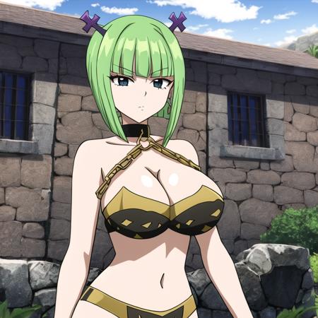 brandish, 1girl, solo, looking at viewer, simple background, cleavage, upper body, collar, chain,  anime coloring, outdoors, <lora:100_brandish-10:0.8>, thighs,