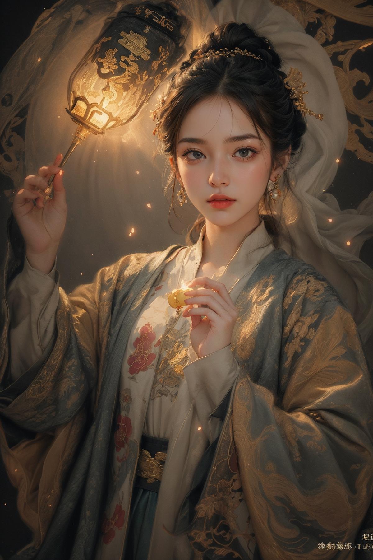 A woman in a kimono and a pearl necklace holding a lantern.
