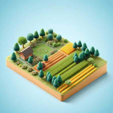 (isometric view,miniature:1.5),CG,8k,3d,gradation,summer,(farm,flower, wheat field, corn field, forest)