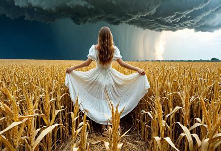 lazympos, A woman made of tightly woven straw, in a field of corn, watching a storm on the horizon, her garment a loosely flowing white dress