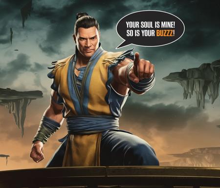 A cinematic shot of Shang Tsung from the Mortal Kombat. He is standing on a platform and pointing a finger at the viewer and saying, "Your soul is mine! So is your Buzz". Speech bubble in comics style.