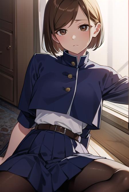 nobarakugisaki, <lyco:nobarakugisaki-LYCORIStest:1>,
nobara kugisaki, bob cut, (brown eyes:1.5), brown hair, lips, short hair,
BREAK belt, brown belt, brown pantyhose, crop top, crop top overhang, jujutsu tech uniform, pantyhose, pleated skirt, shirt tucked in, skirt, blue skirt, blue crop top,
BREAK looking at viewer,
BREAK indoors, classroom,
BREAK <lora:GoodHands-vanilla:1>, (masterpiece:1.2), best quality, high resolution, unity 8k wallpaper, (illustration:0.8), (beautiful detailed eyes:1.6), extremely detailed face, perfect lighting, extremely detailed CG, (perfect hands, perfect anatomy),