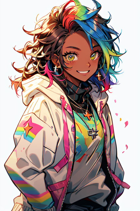 Niji Pride, 1girl, solo, blush, smile,  brown hair, shirt, jewelry, blue hair, jacket, upper body, multicolored hair, earrings, green hair, teeth, dark skin, hood, necklace, star (symbol), dark-skinned female, hoodie, turtleneck, hooded jacket, black sweater <lora:nijipride:1>