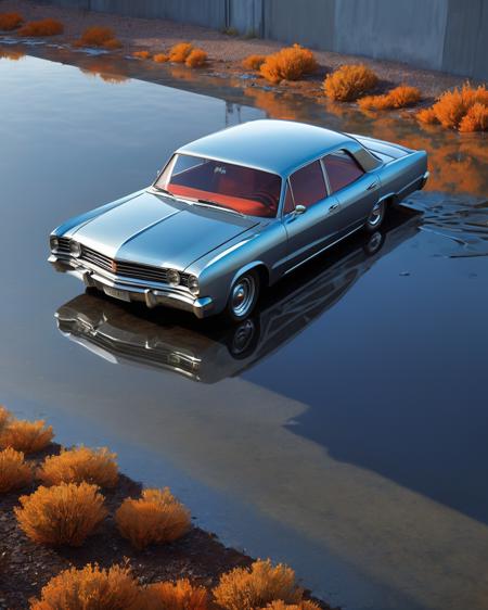 a car is floating in the Galvanized Steel, Dirk Crabeth, david rudnick, concept art, hyperrealism<lora:Car_Dream:1>