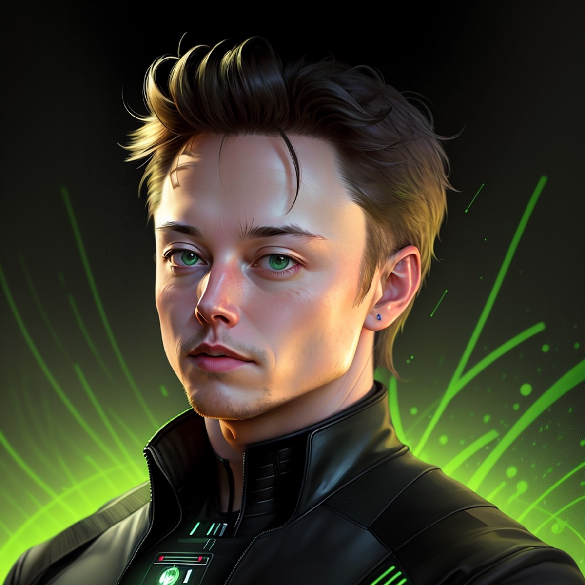 Photo portrait of Elon Musk, world from digital symbols, black and green colors, matrix style