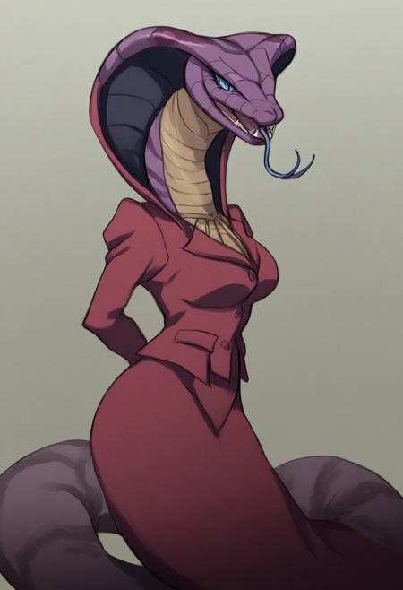 score_9, score_8_up, score_8, score_7_up, score_7, (best quality), anime coloring, 1girl, mature female, older woman, solo, earrings, henrietta akaba, akaba himika, lamia, piercing blue eyes, colored skin, tan skin, purple scales, blue tongue, skin markings, snakeskin, forked tongue, anthropomorphic_snakes_(naga), slit pupils, red lipstick nail-polish, makeup lipstick, magenta skirt,