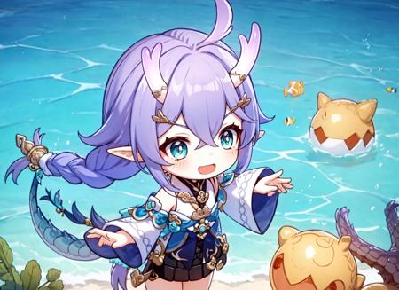 chibi,original, 
 <lora:BailuHonkaiStarRail_v10:0.7>, 1girl, solo, bailu \(Honkai Star Rail\), cute,  purple hair, long hair, green eyes, plaits, braids, clothes, blue and white clothes, detached sleeves, black skirt, woolen skirt, swim, smile, short boots, open mouth, gourd, yellow tassels, dragon horns, bare legs, look from side, ocean, dragon tail, purple tail, tail, elf ear,, masterpiece, best quality,