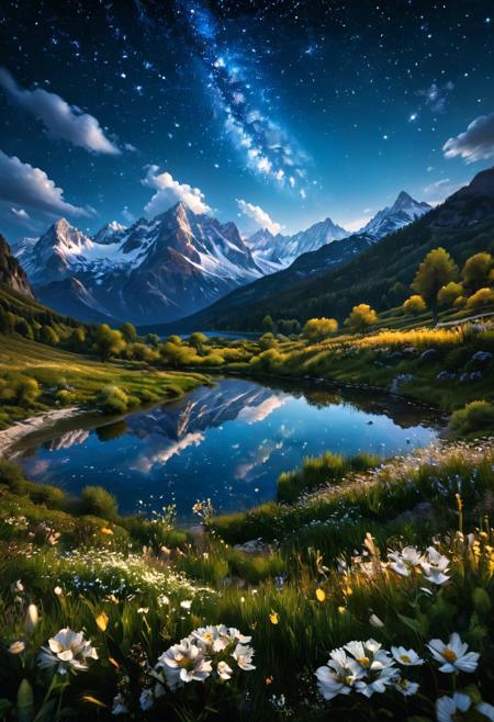Night time, starry night, stars, crystal clear blue lake surrounded by grass and flowers, large snowy mountains, valley, glowing river, 
Photorealistic, Highly detailed, masterpiece, 4k, high resulution, great lighting,