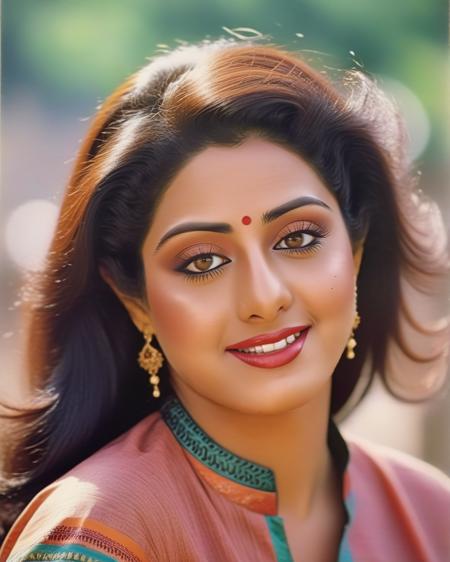ultrarealistic full body soft focus photo of a 30-year-old sridevi woman, high neck ethnic clothes, Joyful smile, Dutch angle camera angle, 80s hairstyle,perfect eyes, looking at camera, day time at stone walkway, beautiful bokeh <lora:Sridevi_SDXL_LoRA:1>