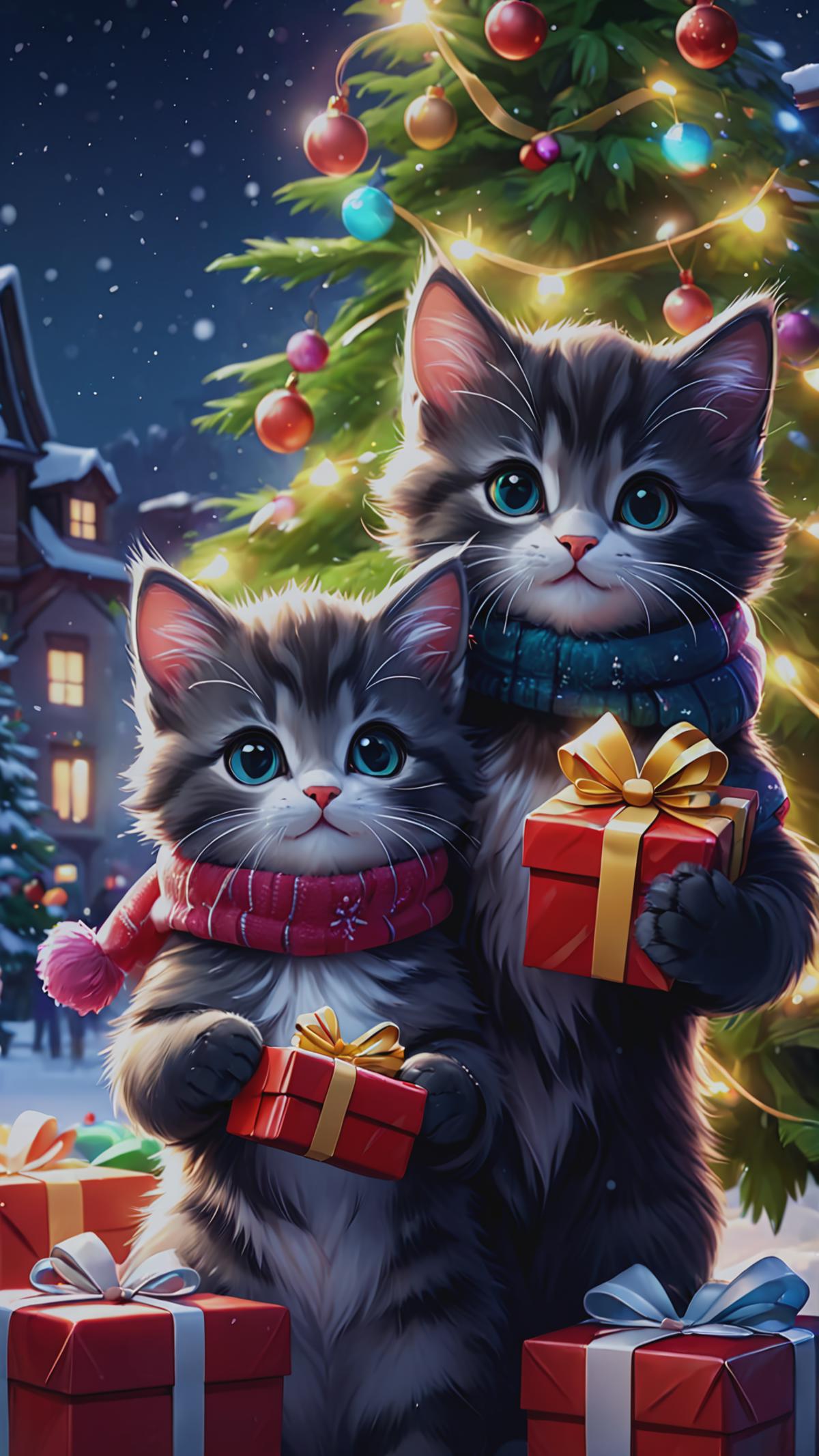 Two cats with scarves posing in front of a Christmas tree.