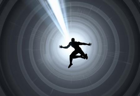 A chrome and silver beam hitting an athletic superhero  100 metres away. The beam is about 1 metre thick and surrounded by multiple concentric grey and white circles of varying diameter. The target is silhouetted and is in an action hero acrobatic pose