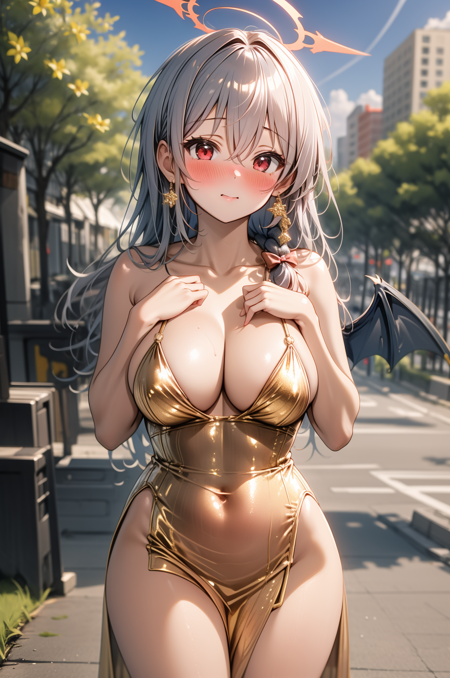 1girl, solo, outdoors, street, looking at viewer, masterpiece, best quality, high resolution, unity 8k wallpaper, (illustration:0.8), (perfect hands, perfect anatomy), (blush:1.5), standing, shiny hair, shiny skin, kurodate haruna, long hair, grey hair, hair between eyes, red eyes, braid, tress ribbon, halo, demon wings, revealing dress, golden dress, breasts squeeze, hands on own chest