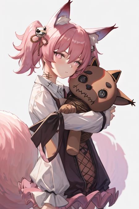 best quality, masterpiece, highres, solo, {shamare_arknights:1.15}, animal_ears, animal_ear_fluff, fox_ears, twintails, bangs, pink_hair, hair_between_eyes, hair_ornament, pink_eyes, closed_mouth, fox_girl, tail, symbol-shaped_pupils, fox_tail, upper_body, stuffed_toy, 1girl, collared_shirt, looking_at_viewer, shirt, white_shirt, diamond-shaped_pupils, simple_background, white_background