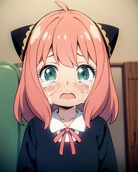 a girl with pink hair and green eyes wearing a black outfit and a hat with a cat ears on her head, (1girl:0.998), (animal ears:0.841), (blurry:0.537), (blush:0.912), (cat ears:0.843), (crying:0.989), (crying with eyes open:0.961), (green eyes:0.920), (looking at viewer:0.616), (open mouth:0.904), (pink hair:0.989), (school uniform:0.593), (shirt:0.568), (solo:0.981), (tearing up:0.840), (tears:1.000), (white shirt:0.705)