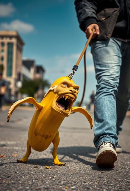 A banana on a leash being walked by its owner. The owner is holding a leash and walking their pet banana through town. The banana is vicious and snarling with its teeth exposed, attempting to attack the viewer. The owner is holding the leash tight while trying to prevent the vicious banana from harming the viewer.