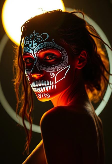 Glowing woman casting a warm light, giving the picture a luxurious shade, The image is a vibrant with intricate lines, the colour scheme is dominated by almost translucent white moonlight, 
 a human figure with face paint in the style of a skull in a clack circle intersected by several line, lean and agile, acrobatic, portraying the agility and strength of an athletic body, cinematic photography, highest quality, beyond the black rainbow into the dark portal,
 These designs include intricate patterns around her eyes