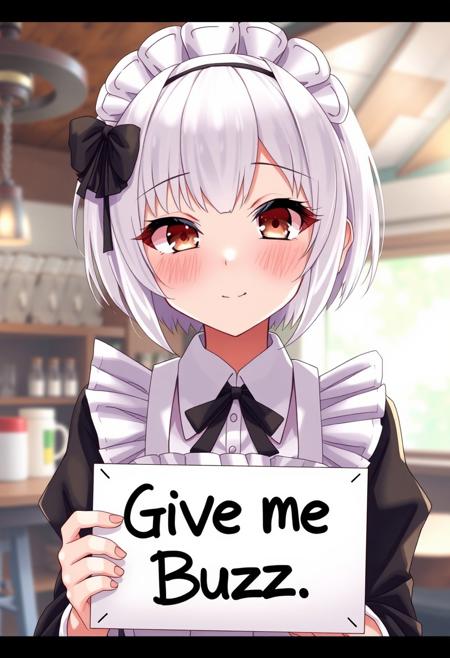 score_4,score_5,score_6,score_7_up,score_8_up,score_9 ((masterpiece,best quality,ultra detailed,highres,HD,4k:1.2)), 
1 girl,solo,face focus,
white hair,short hair,bob cut,sidelocks,brown eyes,
Maid headband, maid apron, maid outfit, frilly apron,
indoors,cafe,
maid costume,maid school,
(("Give me Buzz.",Beggars Borad,Holding a sign, holding a sign that says, "Give me Buzz.")) wink,happy,blush, looking at viewer, smile,,