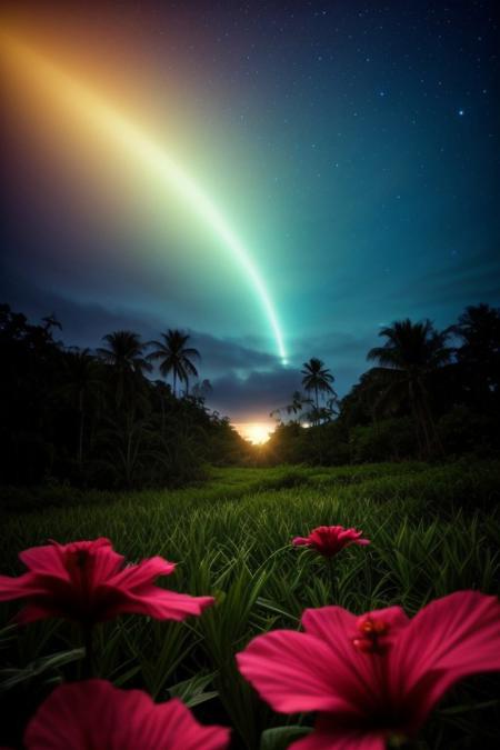 zavy-fltlnpnt, an island, a magical island setting in hawaii, made up of surreal imagery, colorful lights of a beautiful sunset swirl and streak across the sky creating fantastical imagery. Magical scenery blending the ideas of cool relaxing ocean waves and swaying green palm trees, beautiful hibiscus flowers blooming in all various colors leaving a soothing calm and colorful spectacle of wonder. Colorful light show, thick lines, line art, flat art, enhanced background, creative, beautiful, vibrant, masterpiece, 8k, Ultra HD, amazing details, amazing quality, amazing artist, sharp edges, detailed textures, full view, atmospheric lighting, amazing visuals