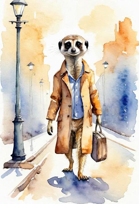tired meerkat going to work. Early morning. Street lights. anthropomorphic. funny illustration. watercolor