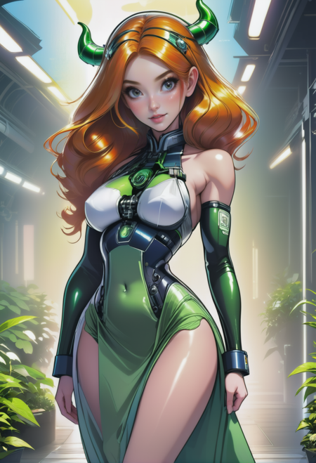 1girl, woman, (plant seaweed mecha pilot devil:1.3), long eyelashes, , pose, , lying on ground, (nightgown:1.2) [:wild costume design:0.2], bombshell hair, ginger hair, drill hair, muscular hips, muscular legs, wide hips, narrow waist, abs, small breasts, chinese, (noon,  architecture, "at the Ephemeral Pulsar":1.3)<lora:EnvyFantasyXL01:1>