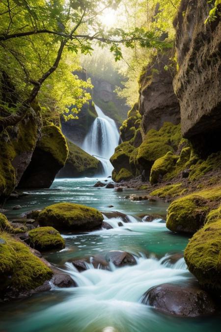 RAW photo, Iceland, delicate nature, wild nature, picturesque scenery, pristine vegetation, calm sky, majestic landscape, enchanting atmosphere, icy river, crystal water, sunlight illuminates the icy water, photorealistic, masterpiece, 64k, UHD, ultra detailed, vivid colors, high quality, sharp focus