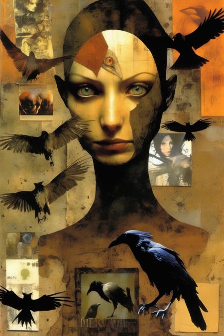 <lora:Dave McKean Style:1>Dave McKean Style - _mixture of glued torn photos collage painted with acrylics earth and dirt_PROMPT or translation and artificial processing from Dave McKean's style memorable cover illustrations_wolf and raven painted_ and many many animal faces_masterful collage_very important the cover of #1 Art Ex Machina Volume 001 Cover Art By Dave Mckean mix of many according to and a painted raven_and a fox_Midjourney masterpiece_